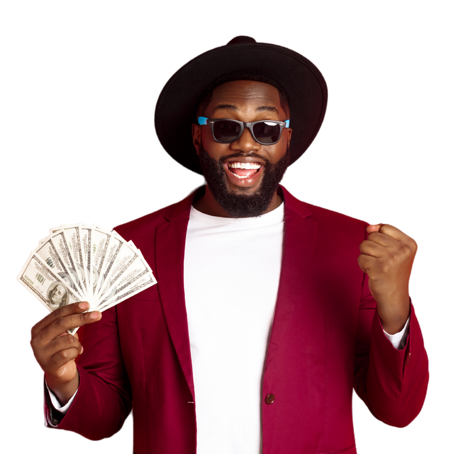 A man in a hat holding up dollars to represent 'personal loans in Milwaukee, Wisconsin'.