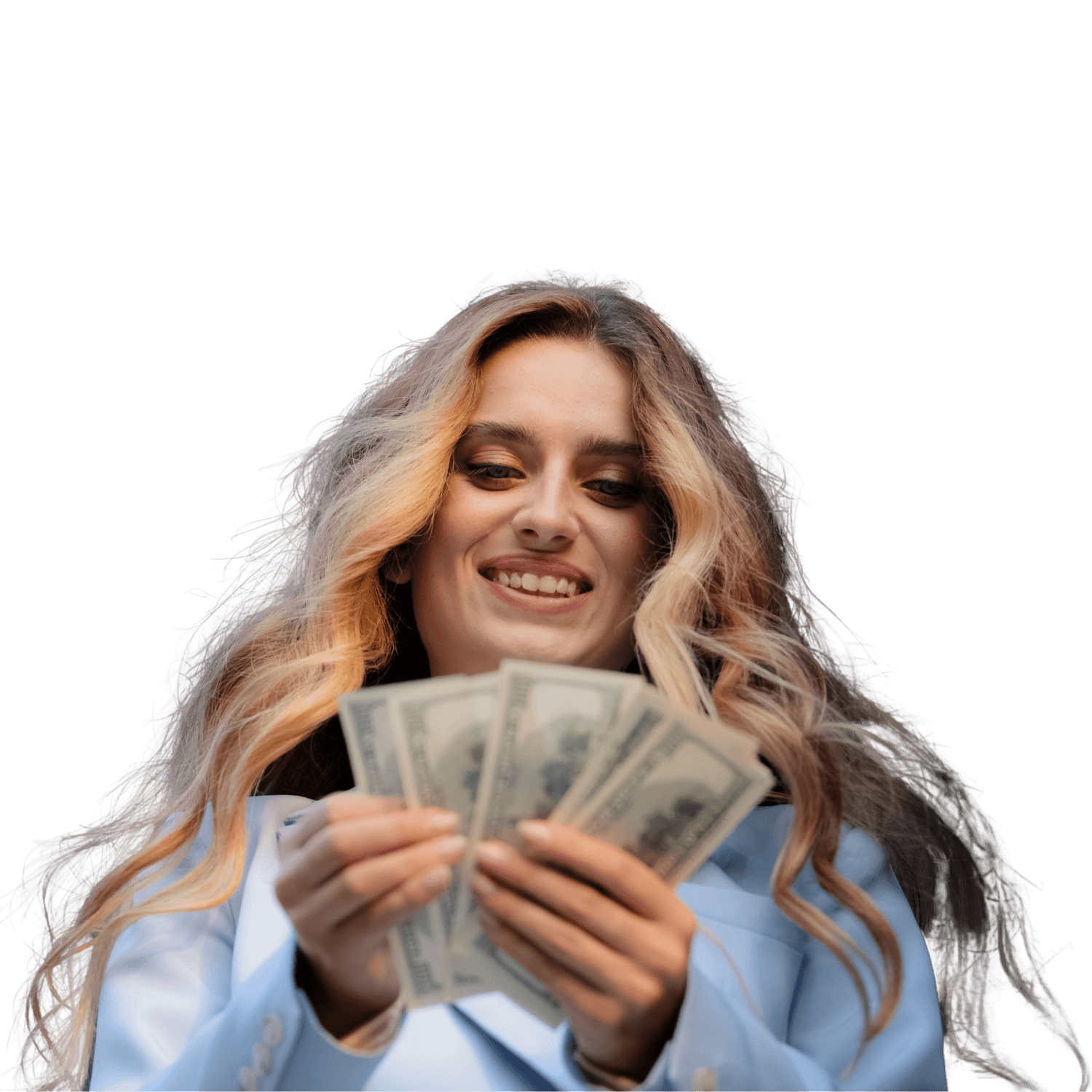 A woman holding dollars to represent personal loans in Delaware