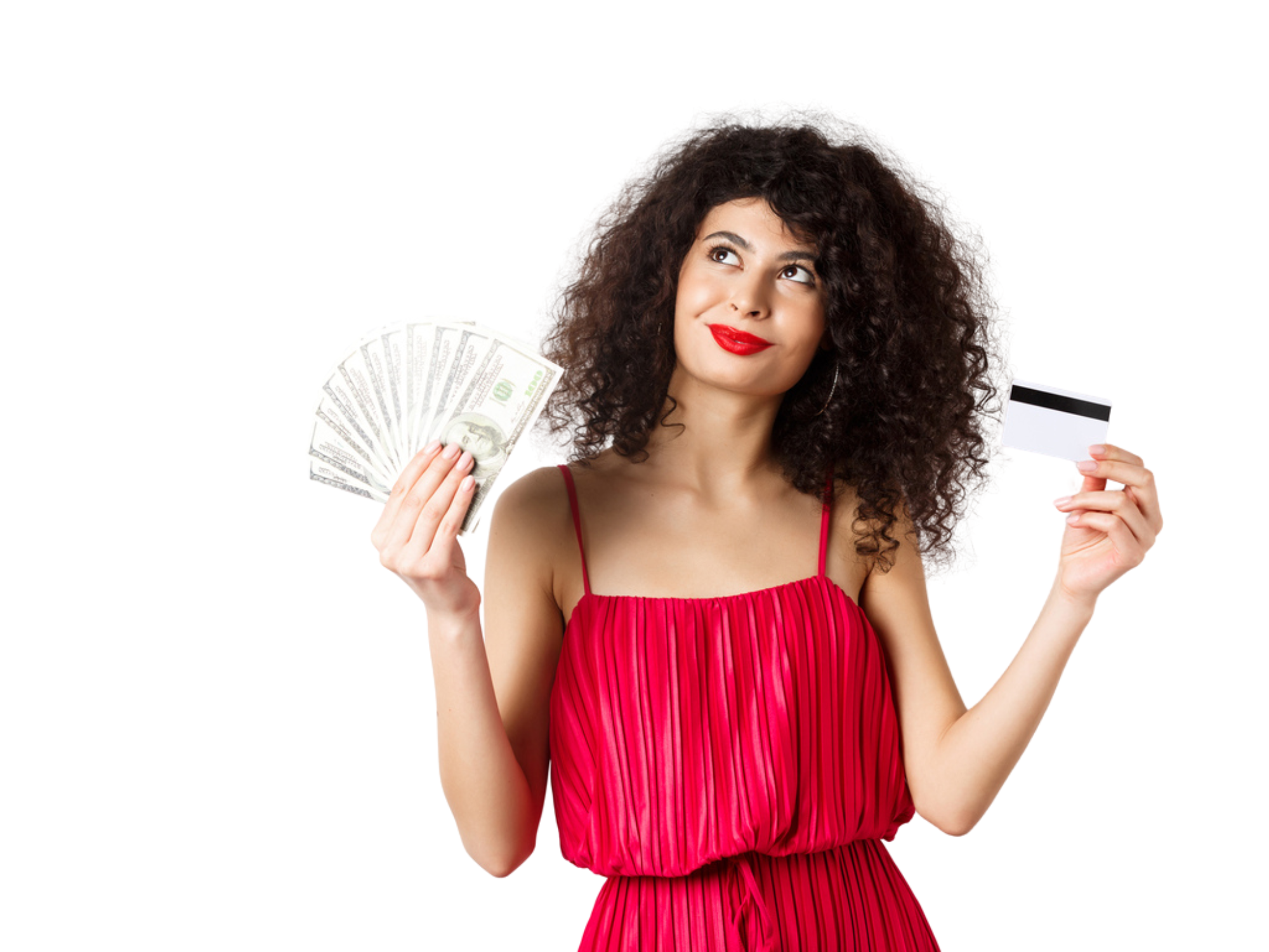 A lady holding dollars and a debit card to represent Idaho Personal Loans