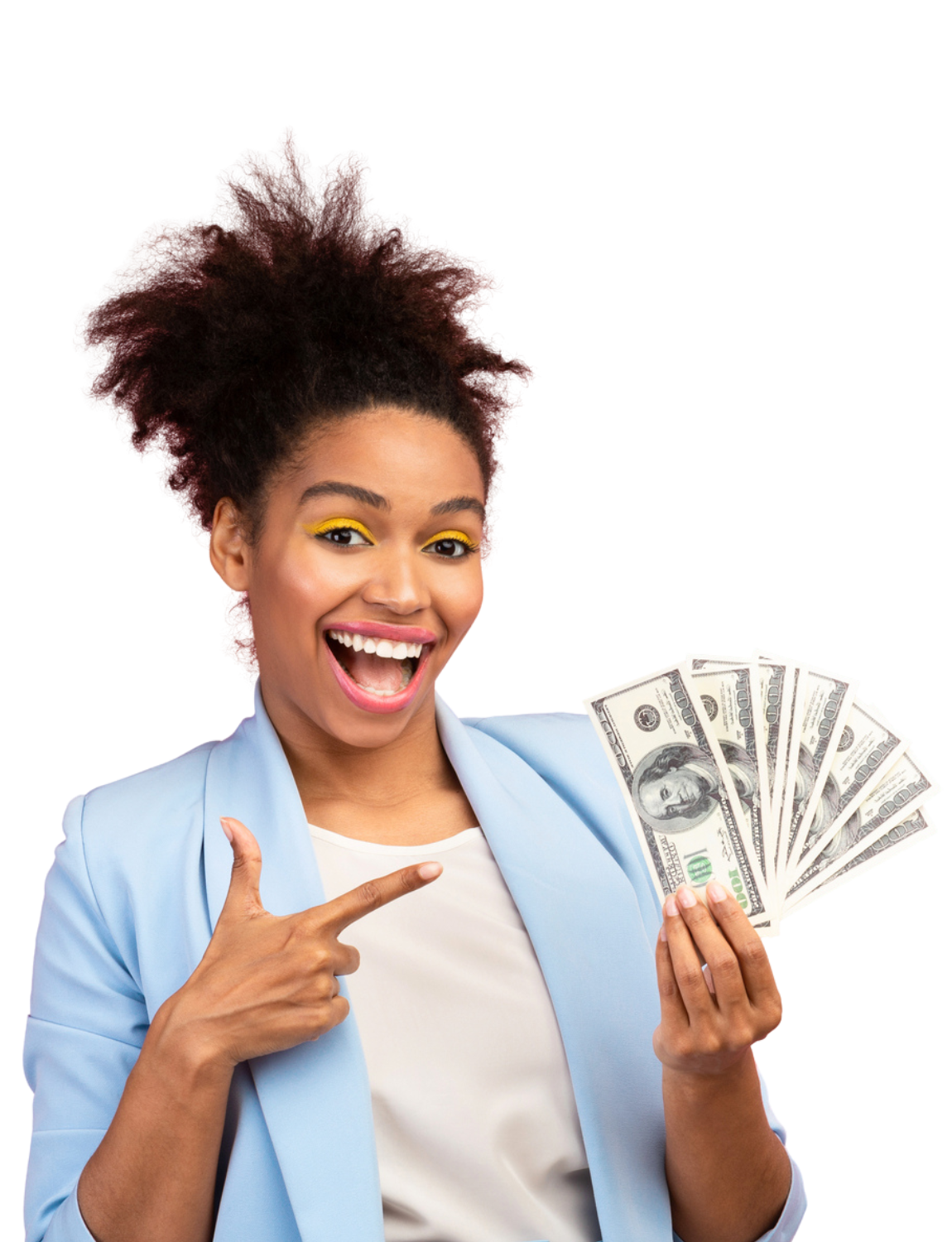 A woman pointing to dollars to represent personal loans in Louisiana