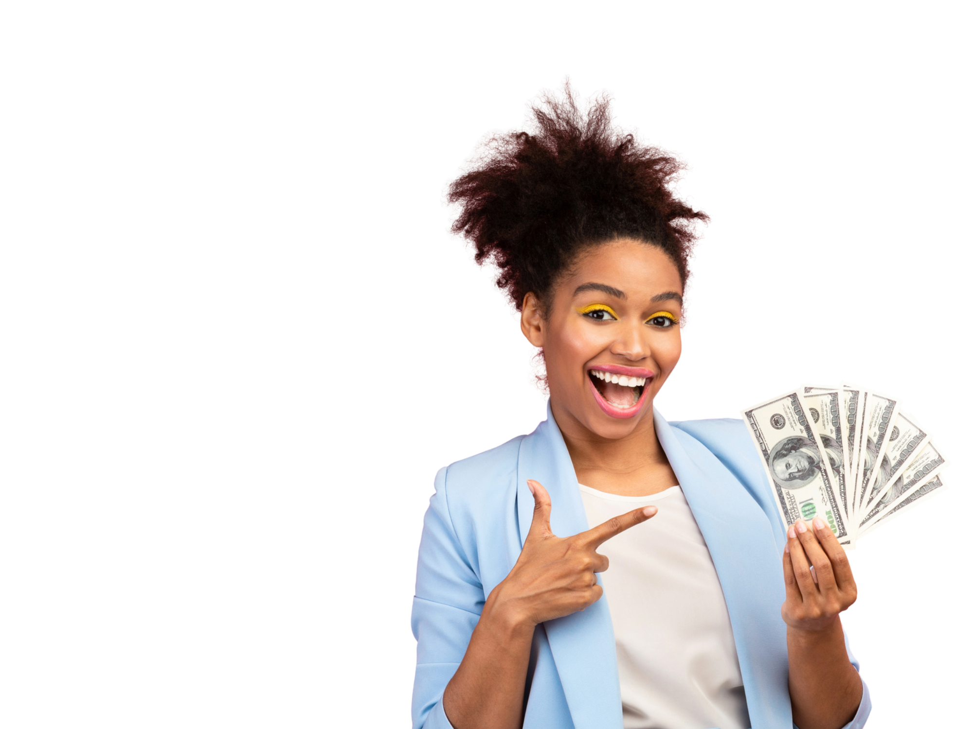 A woman pointing to dollars to represent personal loans in Louisiana
