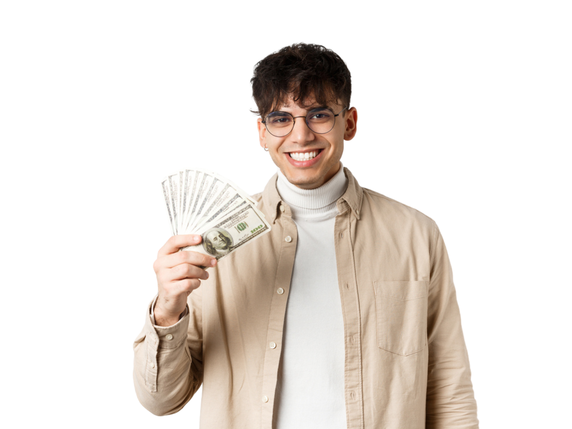 A man holding up dollars to represent personal loans in Arizona