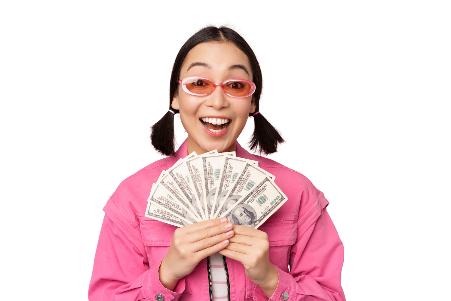 A woman holding dollars, excited about $1500 loans