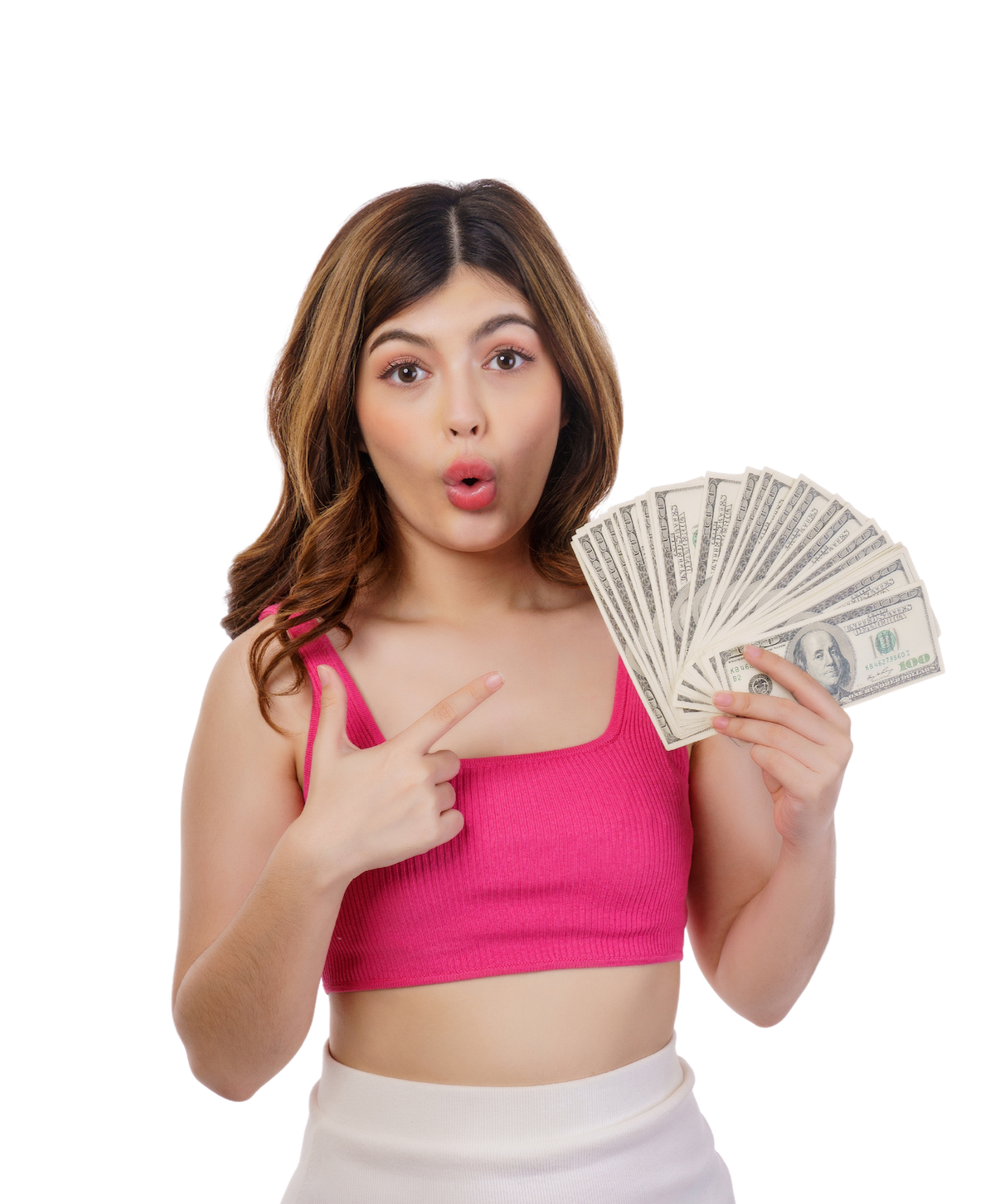 A woman holding dollars, excited about $2000 loans for bad credit