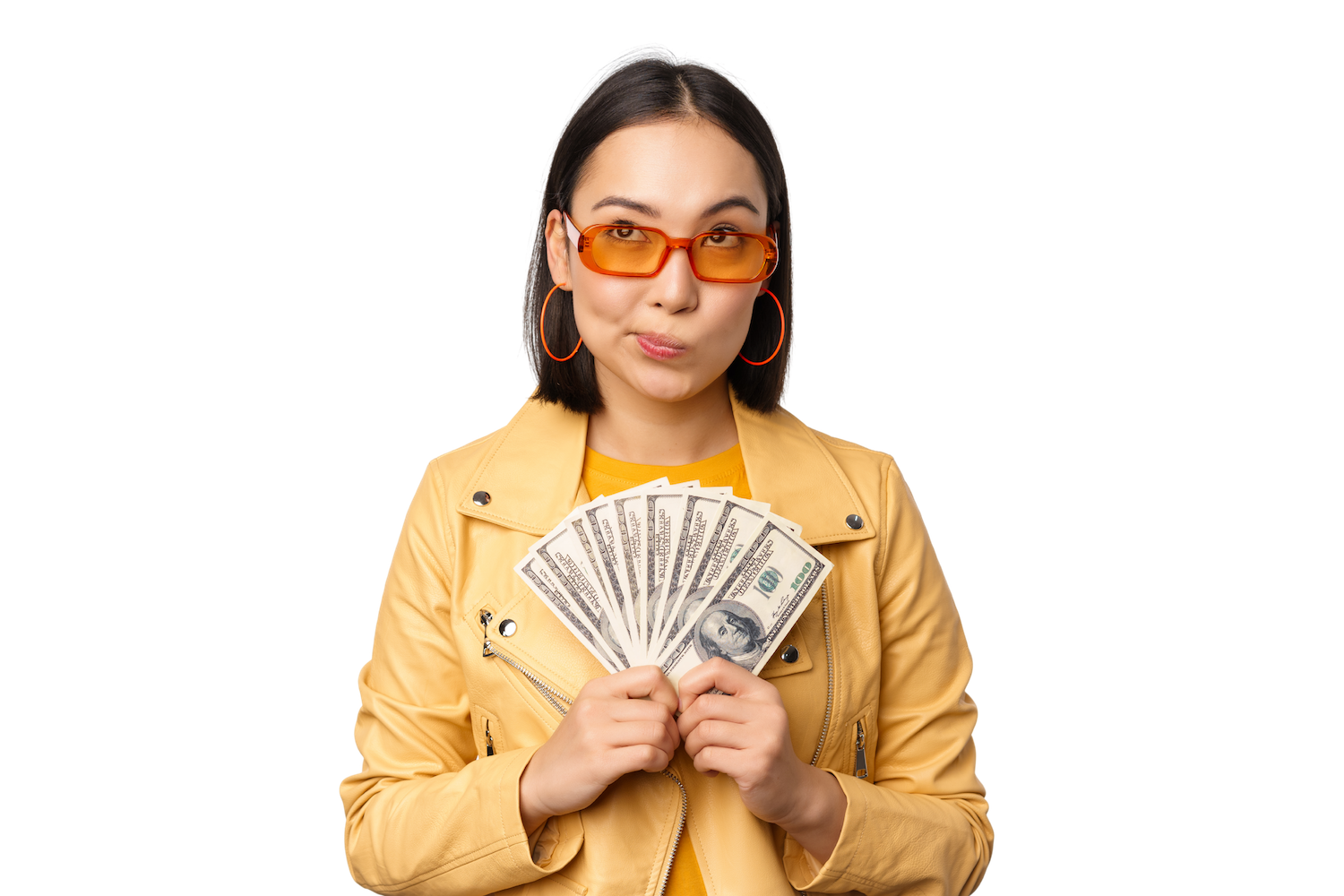 An asian woman holding dollars, thinking about $300 loans