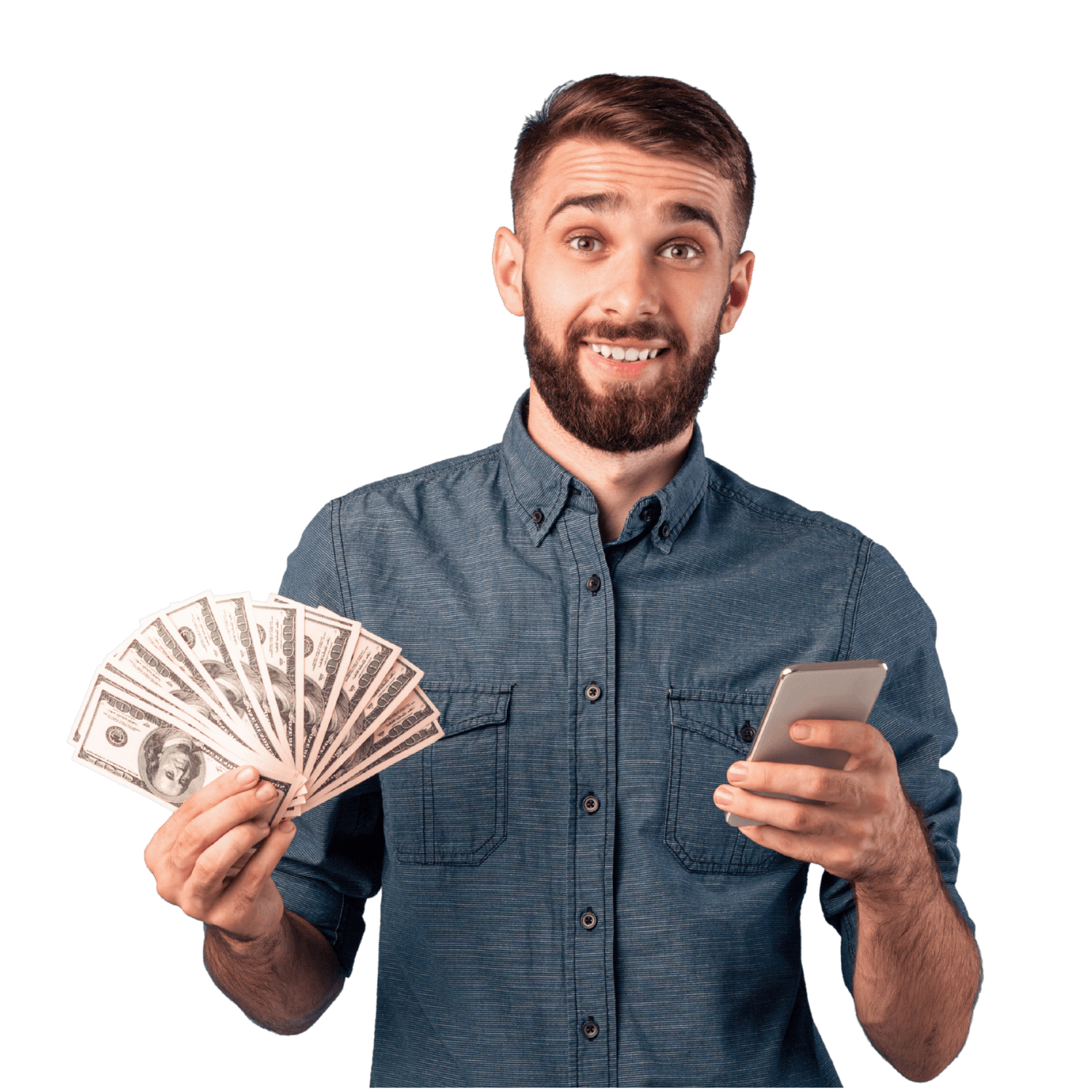A man holding dollars and a phone