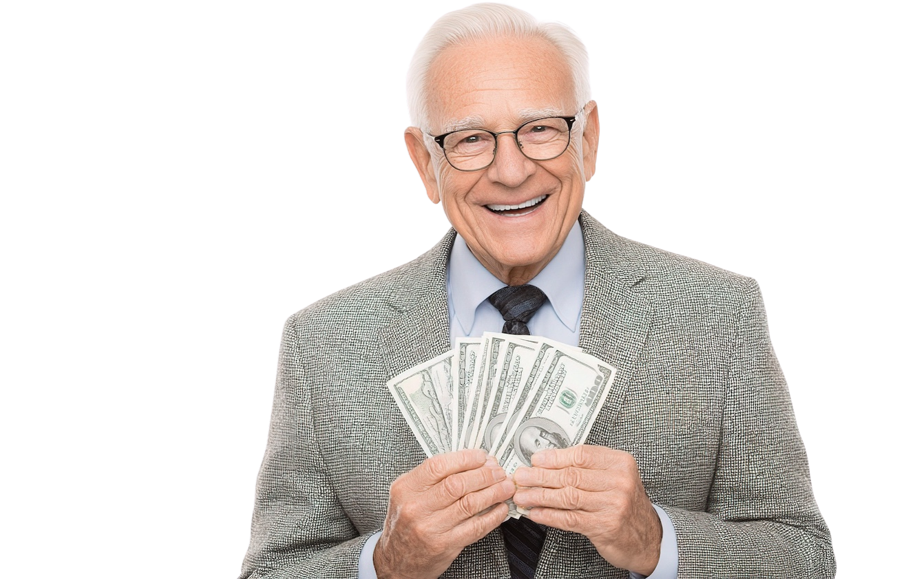 An older man holding dollars, excited about $250 loans