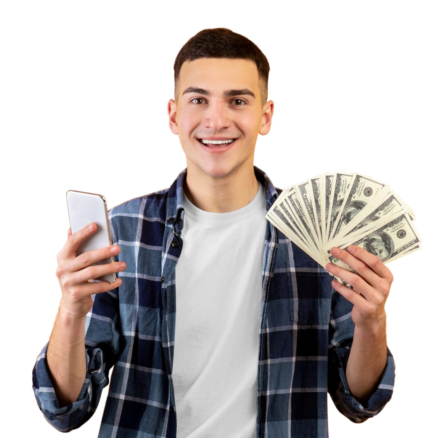 Man holding dollars and his phone to represent apply for a $2500 loan
