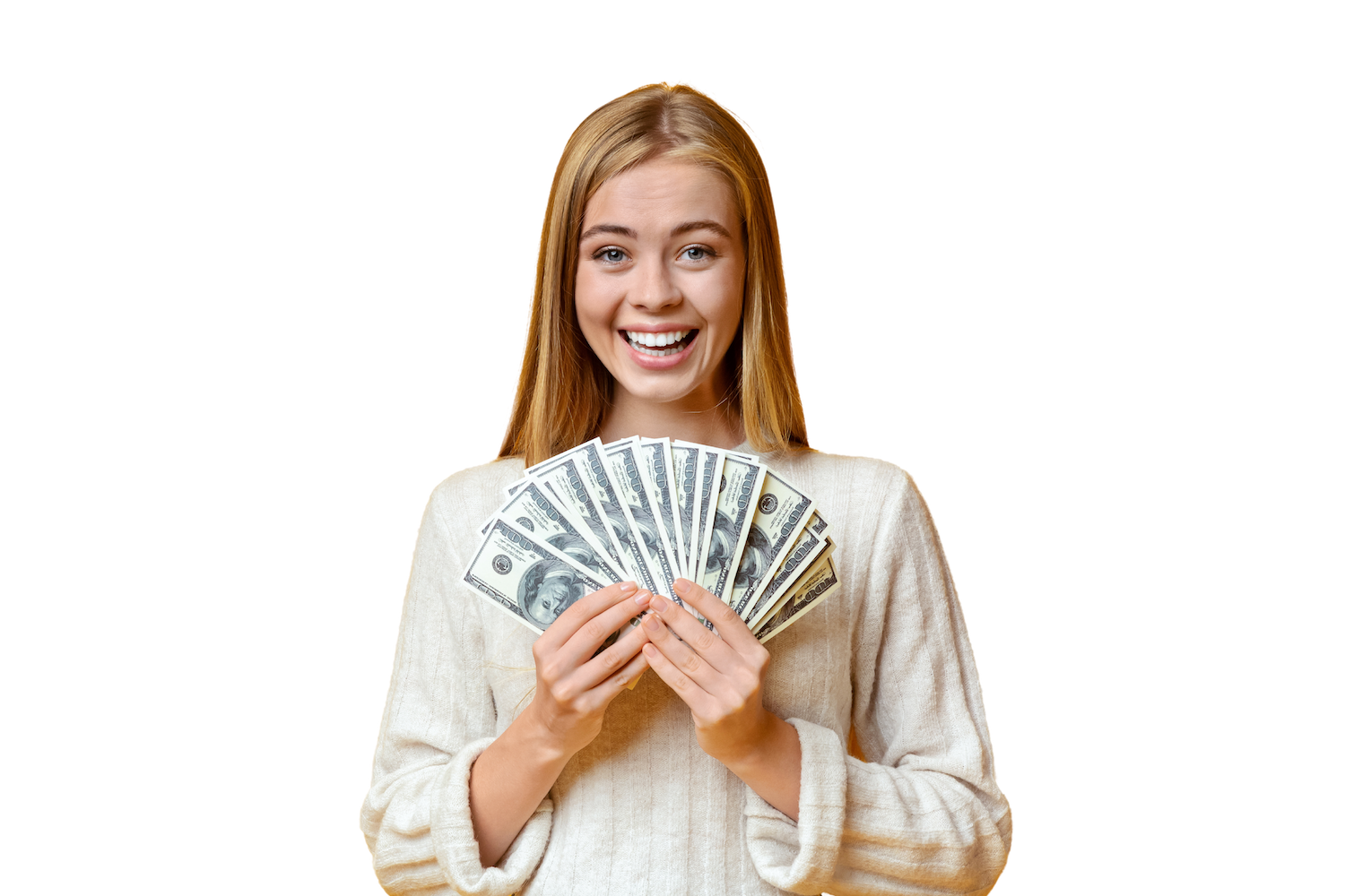 A woman holding dollars and smiling, excited about $600 loans