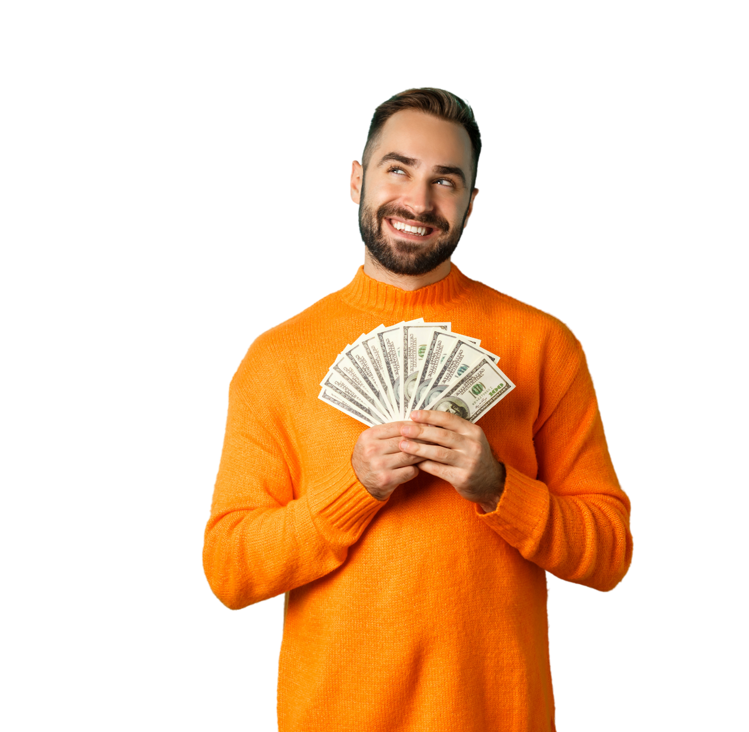 A man holding dollars, smiling about $700 loans