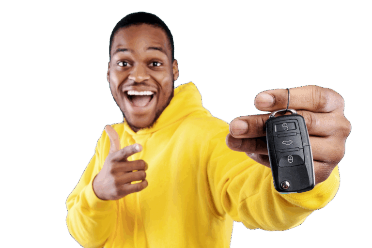 A man holding his car keys, excited because he got a personal loan for auto repair