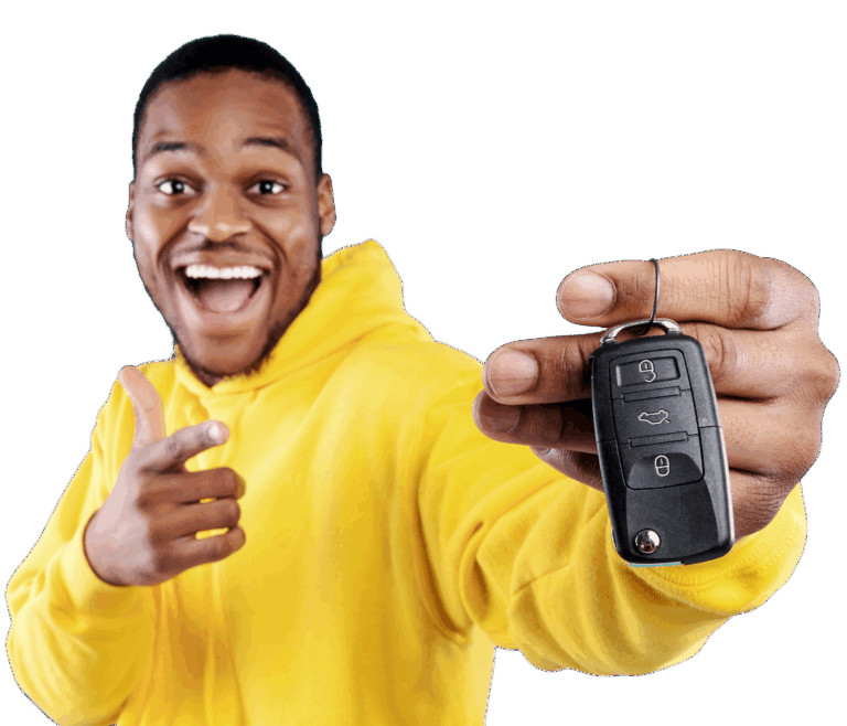 A man holding his car keys, excited because he got a personal loan for auto repair