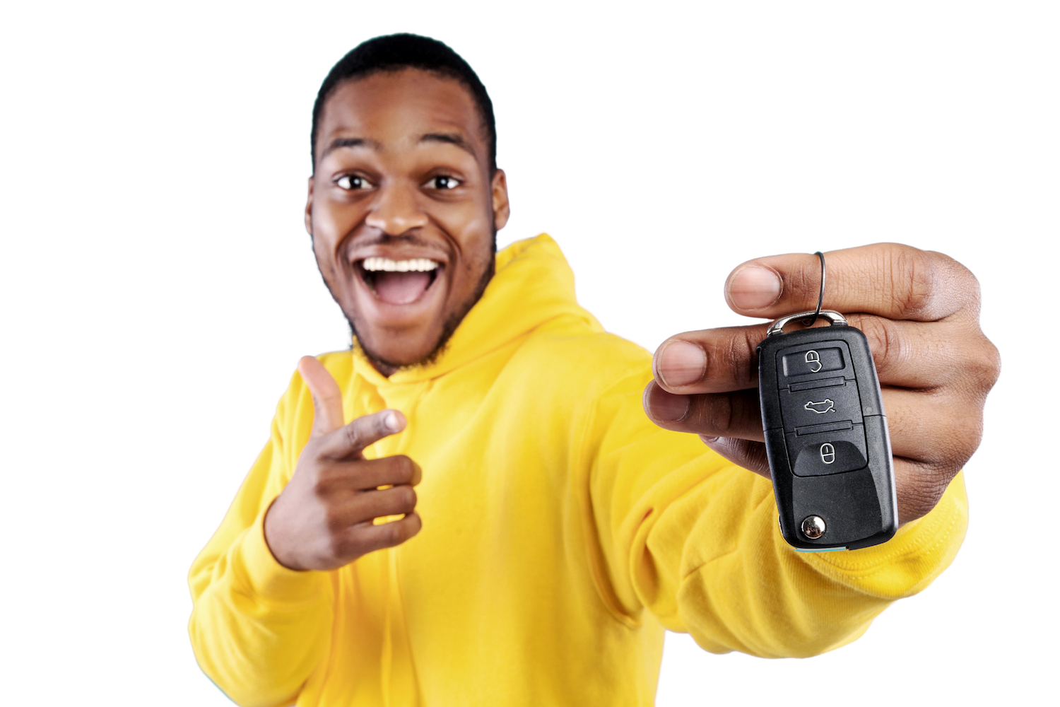 A man holding his car keys, excited because he got a personal loan for auto repair 