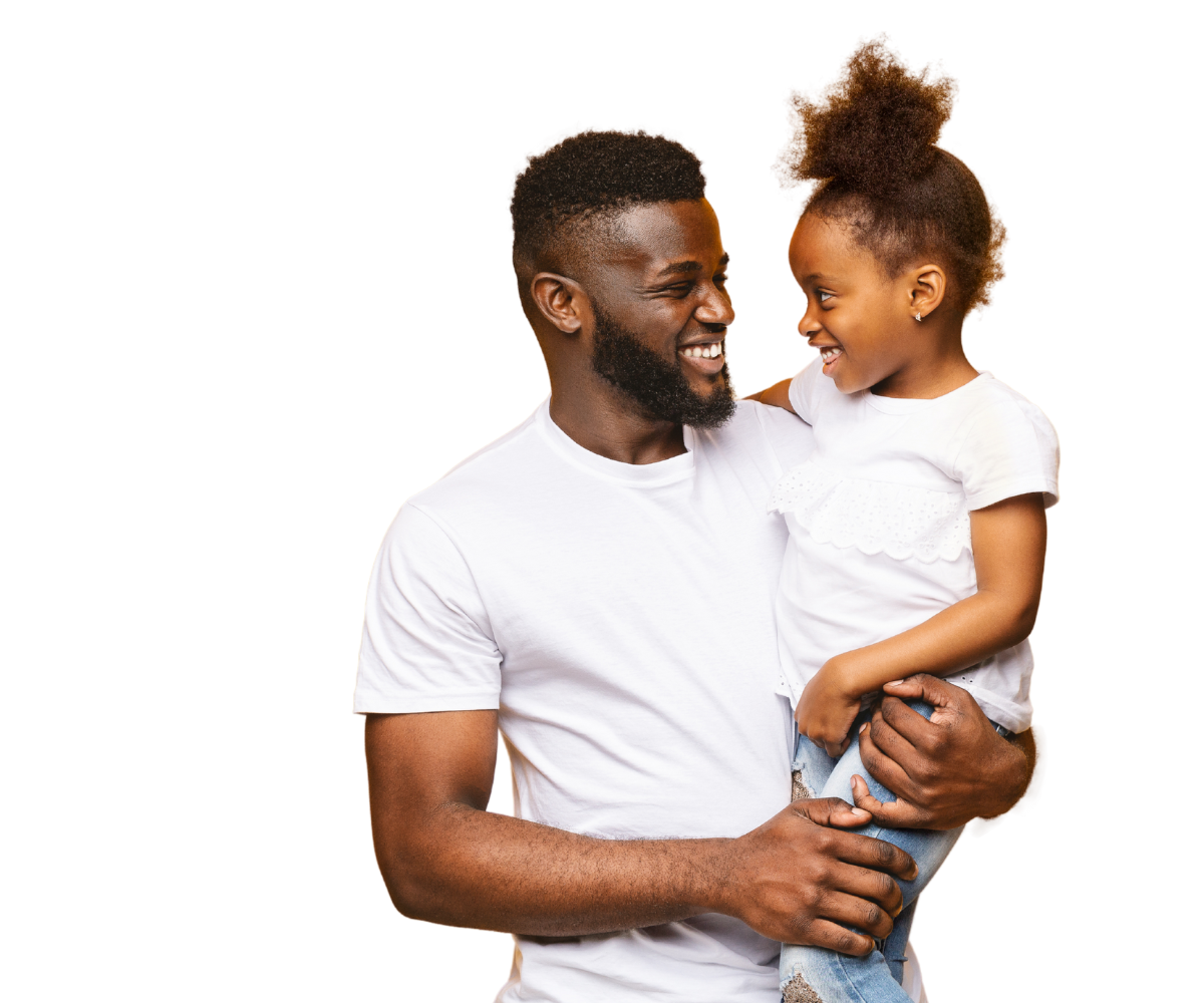 A man holding his daughter, happy his divorce is over because he got a divorce loan
