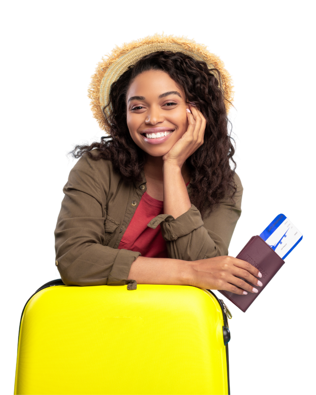 A woman with a suitcase, holding her passport and plane ticket, happy about travel loans for bad credit