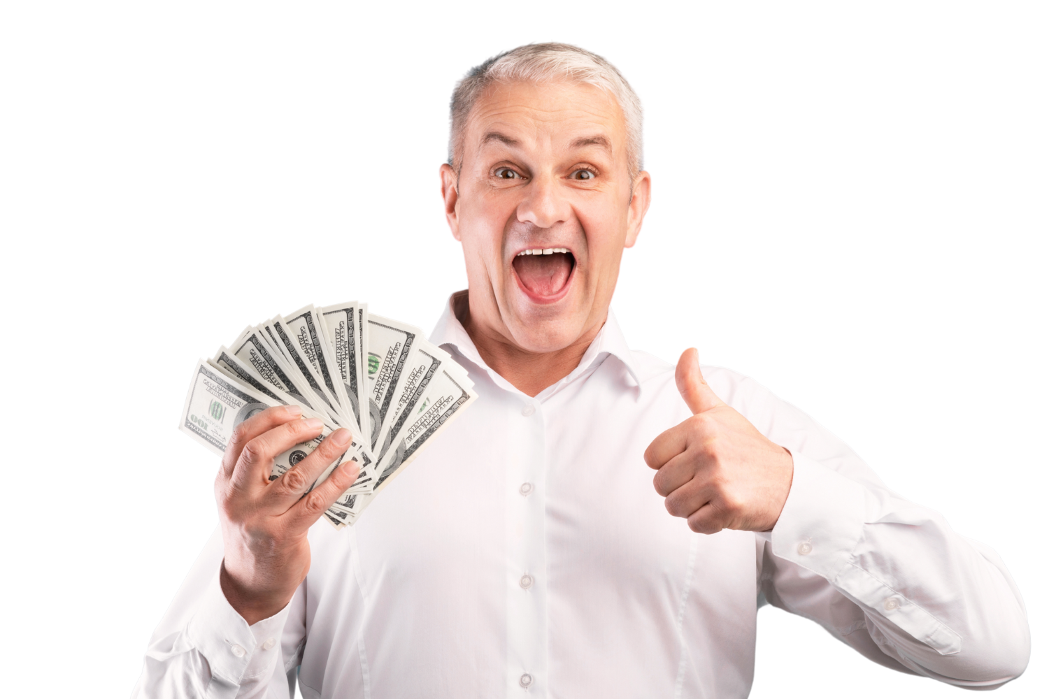 A white man holding a thumbs up in one hand and dollars in the other, happy about nebraska personal loans
