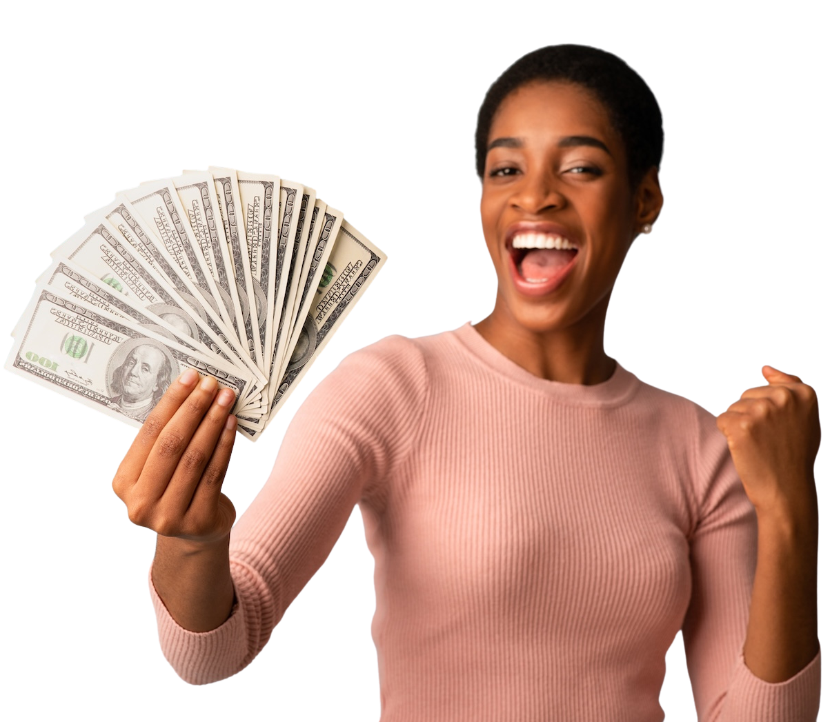 A black woman holding dollars, cheering because she has access to nevada personal loans