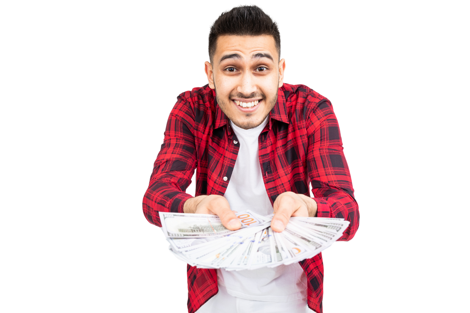 A hispanic man holding dollars and smiling, excited he can get personal loans in alabama