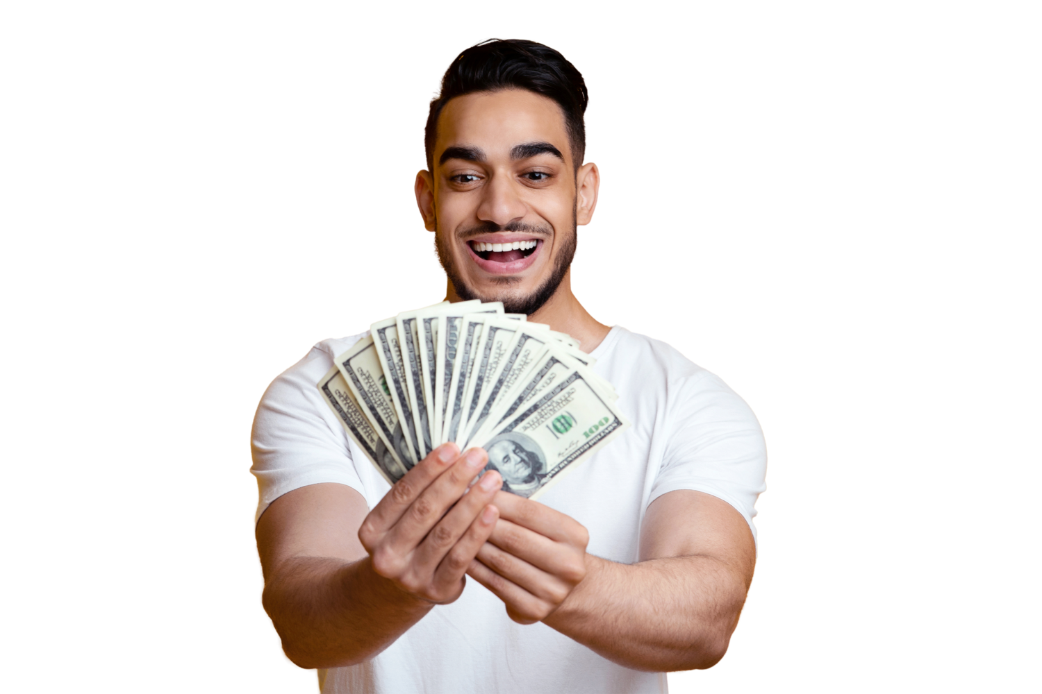 A man holding dollars celebrating he got personal loans in new jersey