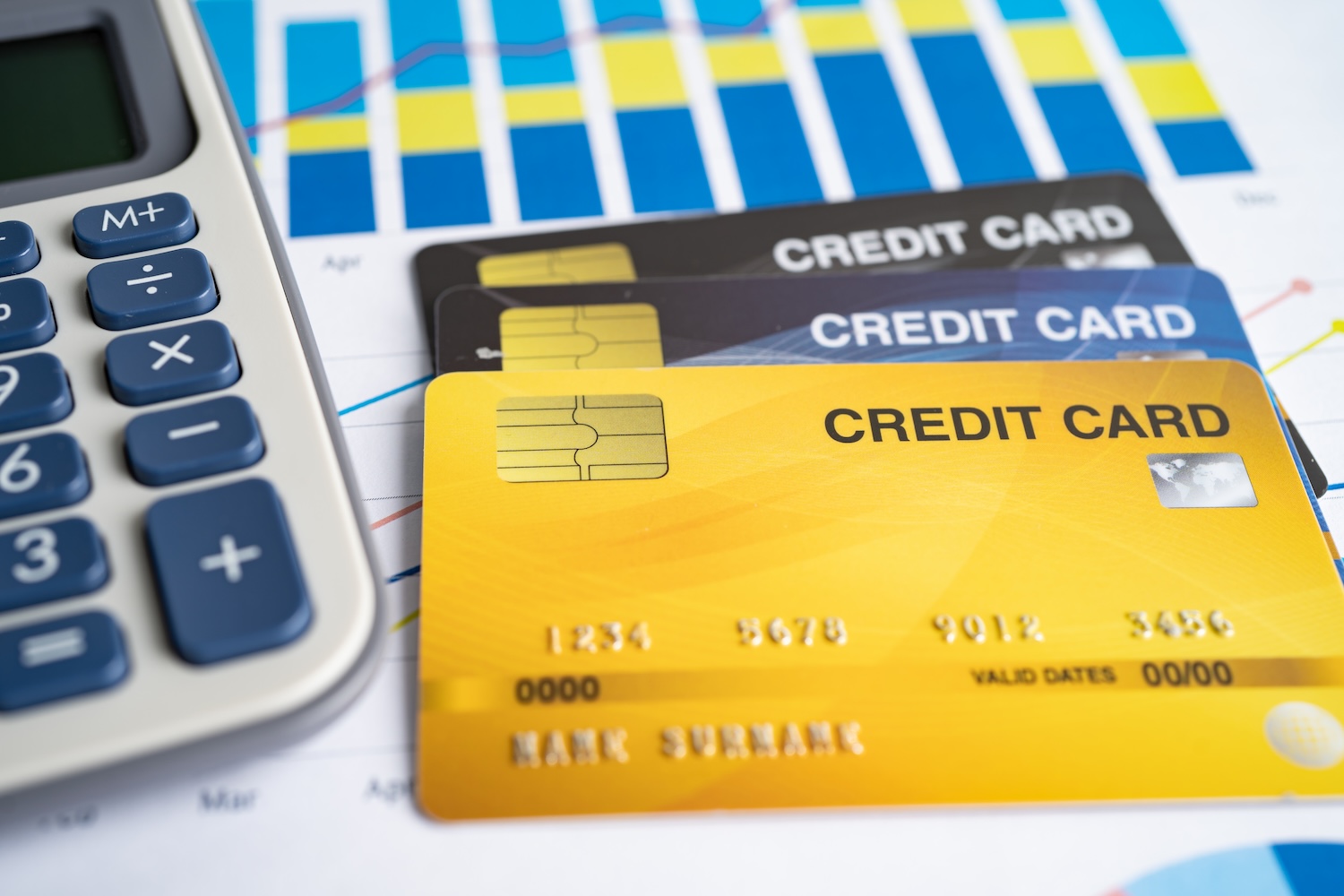 Credit cards, a calculator and a graph to represent Debt-to-Income Ratio vs Credit Utilization Ratio