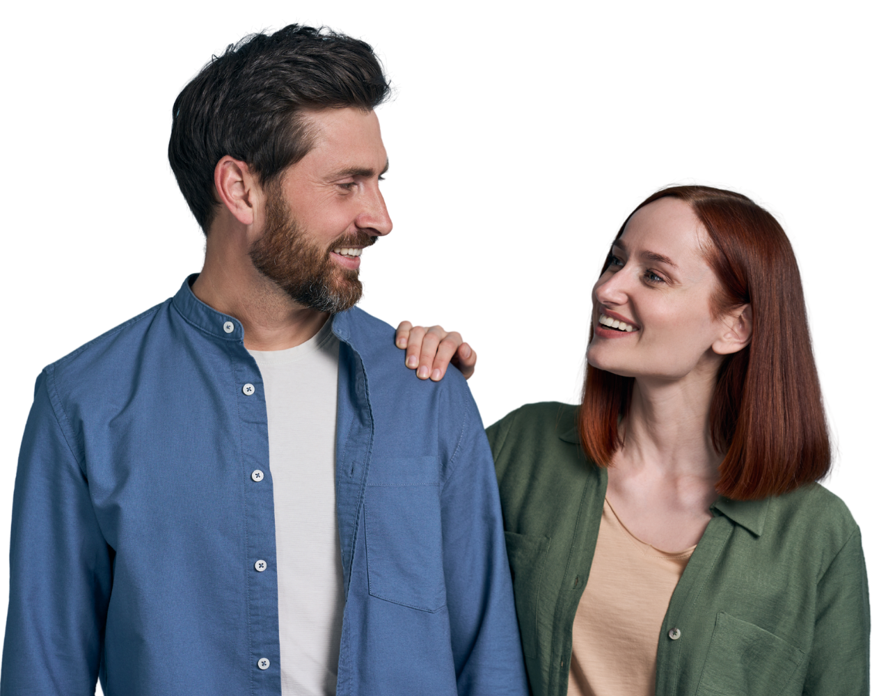 A man and woman looking at eachother smiling, because they got medical loans for cosmetic surgery