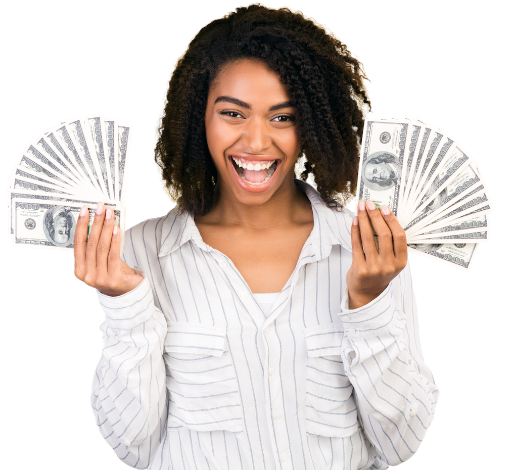 A black woman smiling holding dollars, because of missouri personal loans