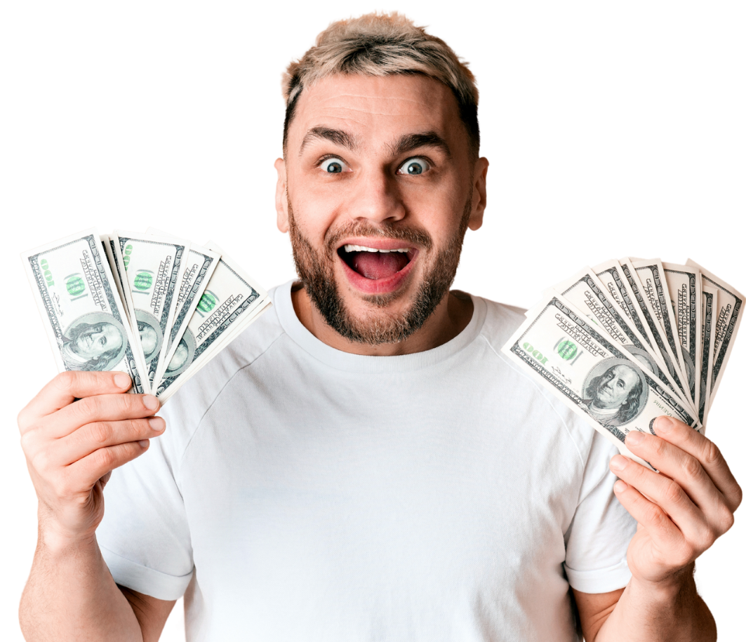 A white man holding dollars that he got from a montana personal loan