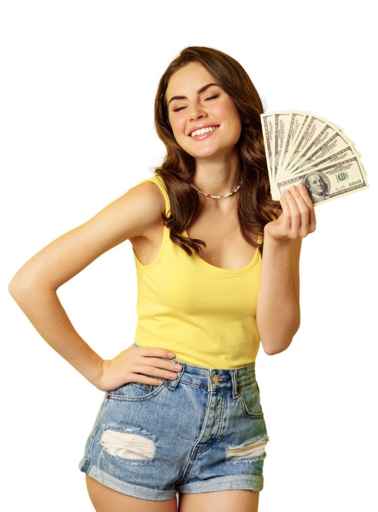 A woman holding dollars smiling because of personal loans in iowa