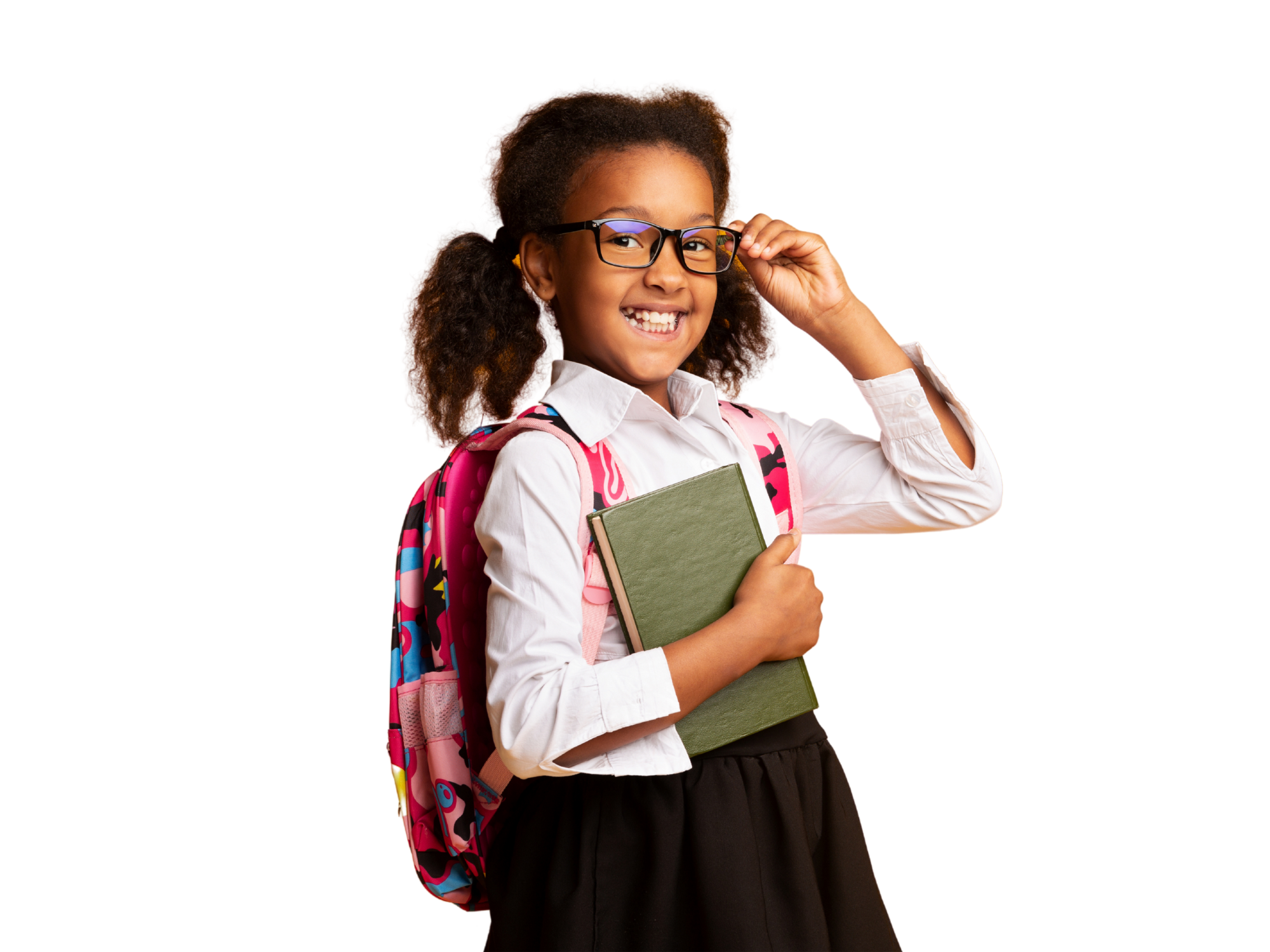 A school girl holding her glasses and notepad to represent 'back to school loans'.