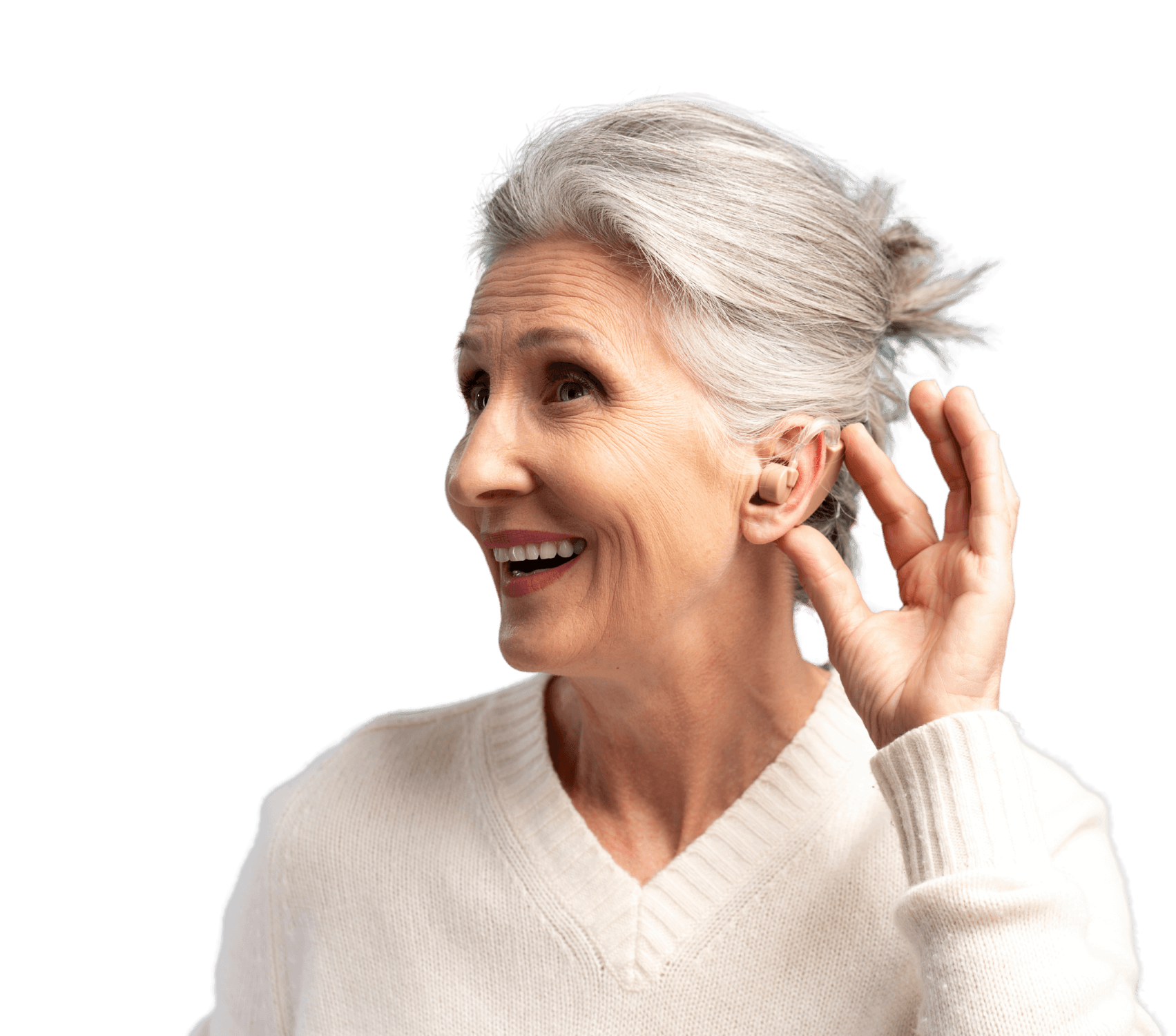 A lady pointing to her hearing aid to represent hearing aid loans