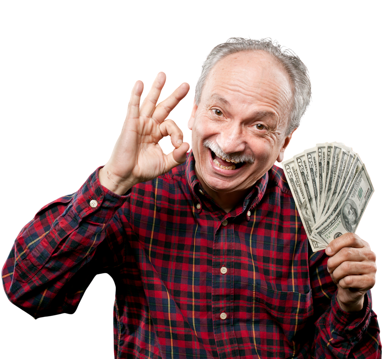 An old man happy holding dollars because he got a personal loan for utility bills