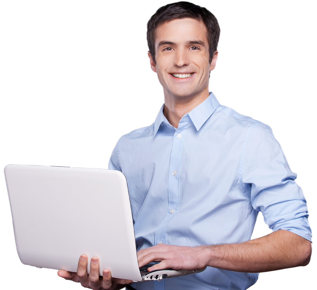A white man smiling holding a laptop that he bought with technology loans for bad credit 