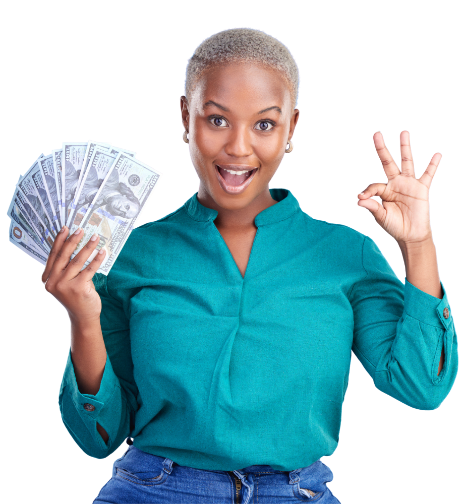 A black woman holding up and okay sign and dollars because she got a personal installment loan