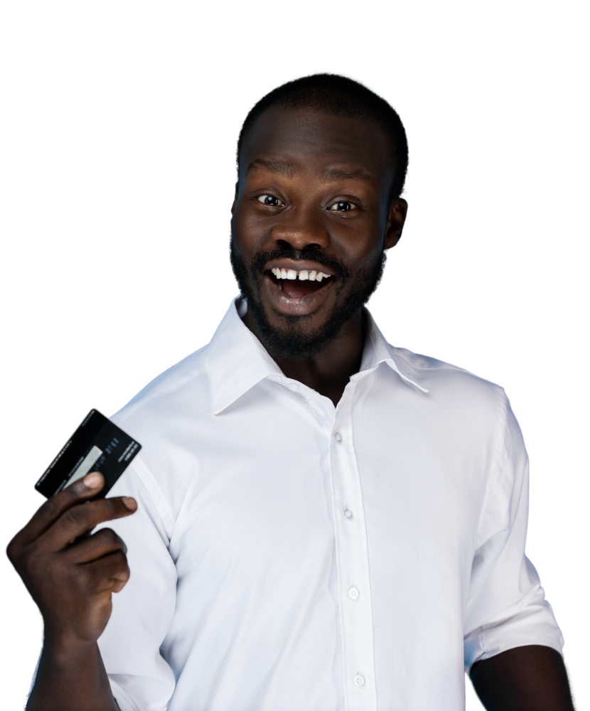 A man holding a credit card that he paid off with personal loans for credit cards